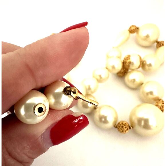 Vintage Faux Pearl Necklace with Gold Filigree Accents – 28" - Picture 3 of 5